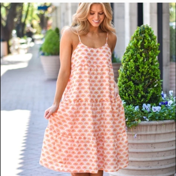 J. Marie The Summer Tiered Midi Swing Dress Sleeveless Geometric Orange Small - Picture 1 of 10